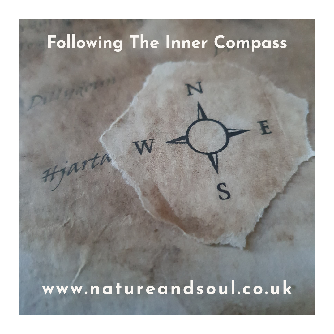 Mixed media painting exploring the inner journey of self-discovery, creativity and spiritual growth, accompanying a reflection on following the inner compass through meditation, nature connection and personal development.
